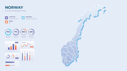 Infographic Map of Norway. Total Area, Papulation, States & More Detailed Infographic Map of Norway. Vector Illustration
