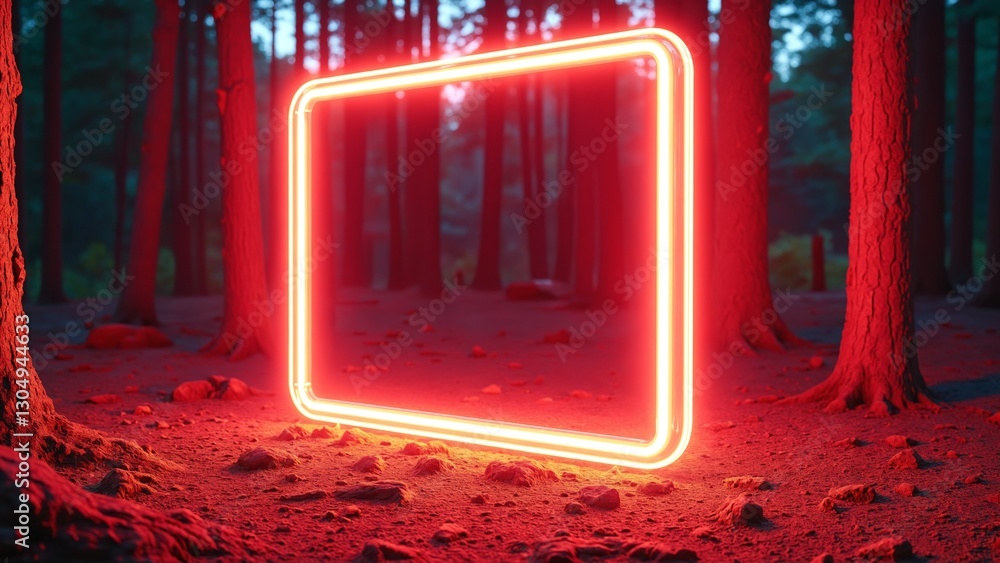 Poster rectangular neon shimmering luminous form on the background of a dirt forest surface, rectangular neon for product display presentation