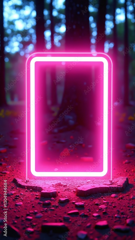 Aufkleber rectangular neon shimmering luminous form on the background of a dirt forest surface, rectangular neon for product display presentation