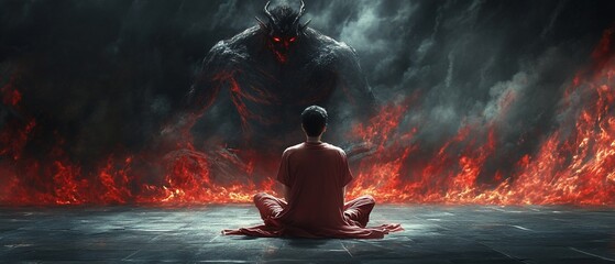 Monk faces demon, fiery background, meditation, fear