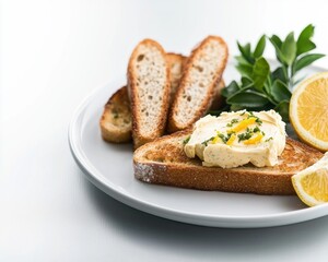 Sliced Bread with Creamy Spread, Lemon Wedge, and Fresh Herbs