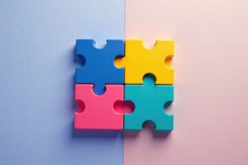 Fototapeta premium Colorful Interlocking Puzzle Pieces on a Divided Surface Representing Unity and Collaboration