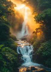 Majestic Waterfall Cascading Through Lush Greenery Illuminated by Golden Sunlight in a Serene Natural Landscape
