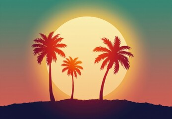 Obraz premium Three Palm Trees Silhouetted Against Setting Sun