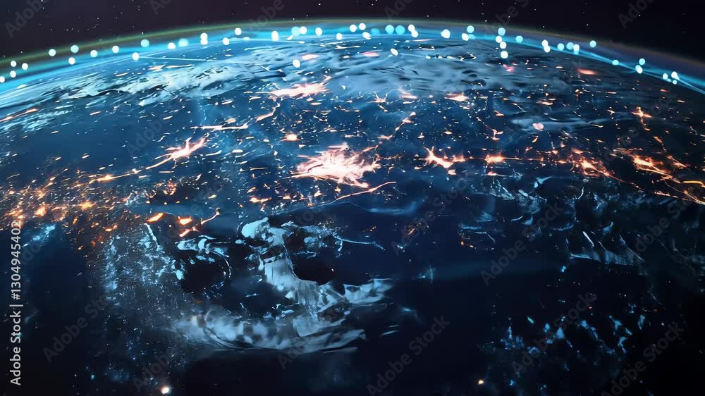 Fototapete planet with a network of lines connecting it to other planets. connections system and global datas e