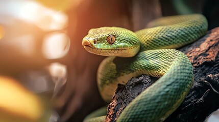 Fototapeta premium Close-up view of a vibrant green snake resting on a branch in natural sunlight.