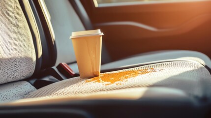 Coffee spill on car seat with sunlight illuminating the scene, showcasing everyday moments.