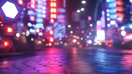 Neon city night street, glowing lights, futuristic background, product display