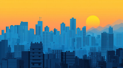 Modern cityscape standing tall at sunset