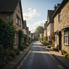 Quiet Village Street with Traditional Stone Houses and Greenery