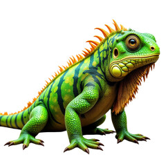 Obraz premium Detailed Green Iguana with Black Stripes and Orange Spikes, transparent background