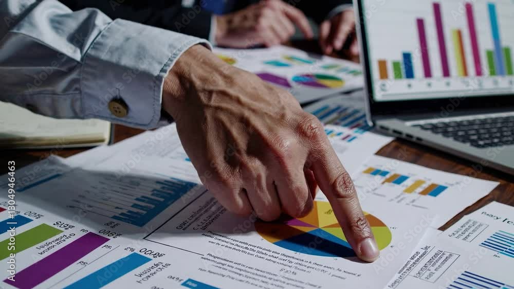 Poster business team collaborating and analyzing financial data displayed on printed charts and graphs spre