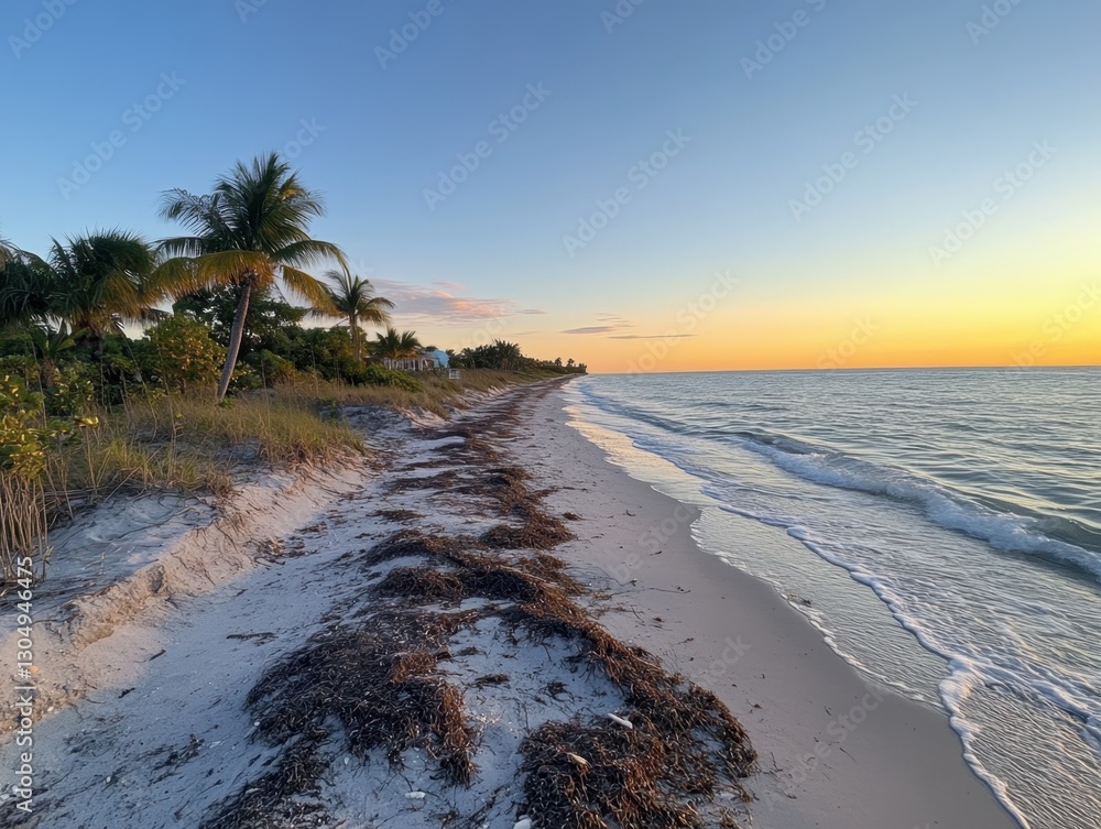 Poster serene beach at sunset with palm trees and gentle waves creating a tranquil and inviting atmosphere 