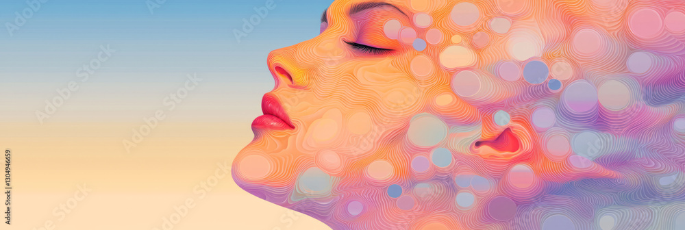 Poster surreal human visage seamlessly fused with fragmented circles, employing vibrant color gradients to