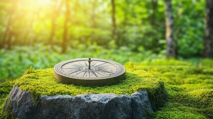 Vintage Compass on Mossy Stone in Lush Green Forest Setting
