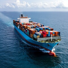 Cargo ship navigating ocean amid economic tariff fluctuation global trade routes aerial perspective