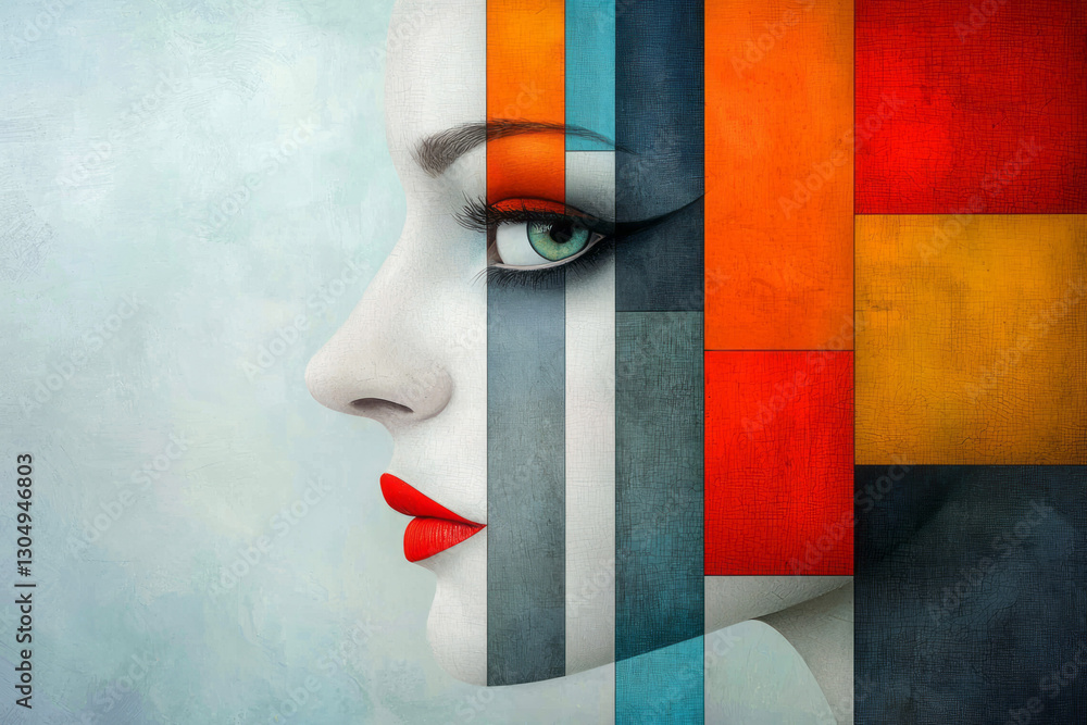 Aufkleber contemporary face fused with asymmetrical color shards, capturing the essence of surreal