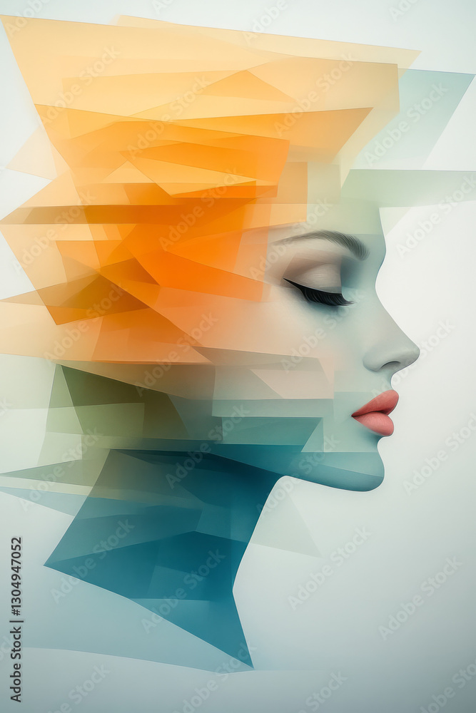 Poster fantasy-inspired portrait with shifting polygonal patterns, merging reality and imagination in