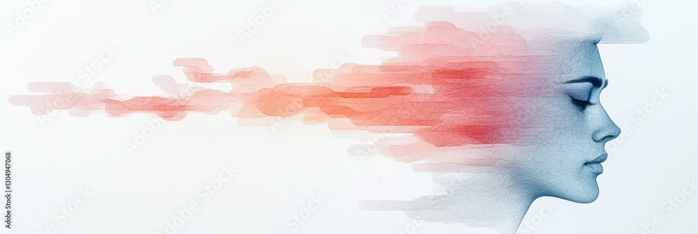 Poster Conceptual face partially obscured by translucent watercolor blobs, suggesting fluid creativity,