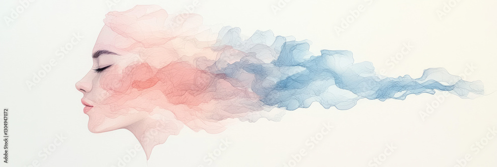 Poster Conceptual face partially obscured by translucent watercolor blobs, suggesting fluid creativity,