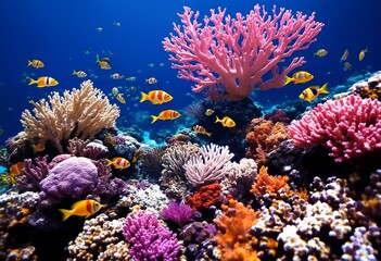 Fototapeta premium A vibrant coral reef teems with life, featuring a diverse array of fish swimming amidst the colorful coral formations.