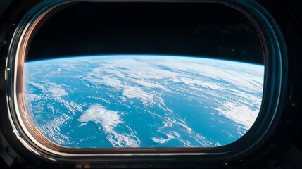 Fototapeta premium View of Earth from a spacecraft window, showcasing clouds and blue oceans.