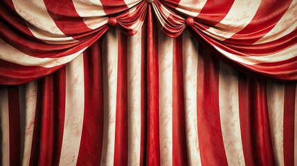 Vintage red and white circus curtain with elegant draping and texture.