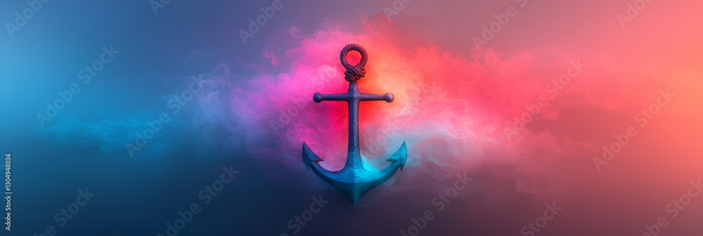 Poster a stylized anchor warped into a spiral shape, covered in soft, colorful fuzz, floating in a moody