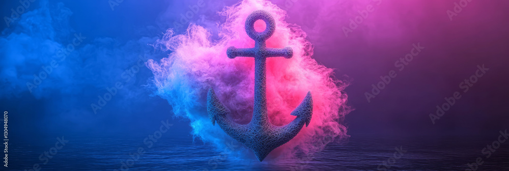 Poster a stylized anchor warped into a spiral shape, covered in soft, colorful fuzz, floating in a moody
