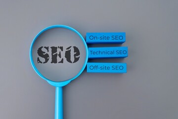 A magnifying glass with the letters "SEO" next to three blocks labeled "On-site SEO," "Technical SEO," and "Off-site SEO." Search engine optimization concept.