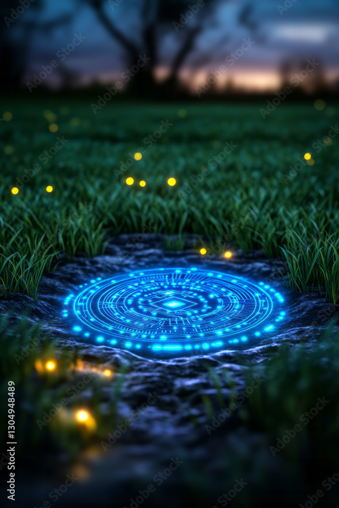 Poster a futuristic coin glowing with electric-blue circuitry patterns, nestled within a vibrant meadow of