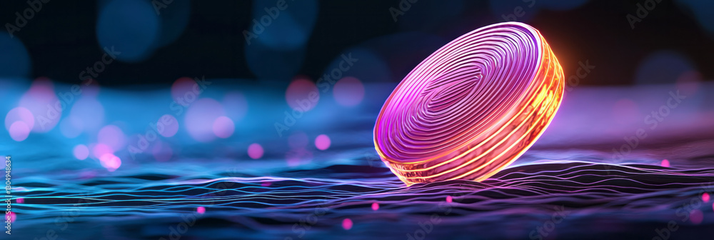 Poster A stylized graphic design of a coin embedded in a glowing field, its surface etched with swirling