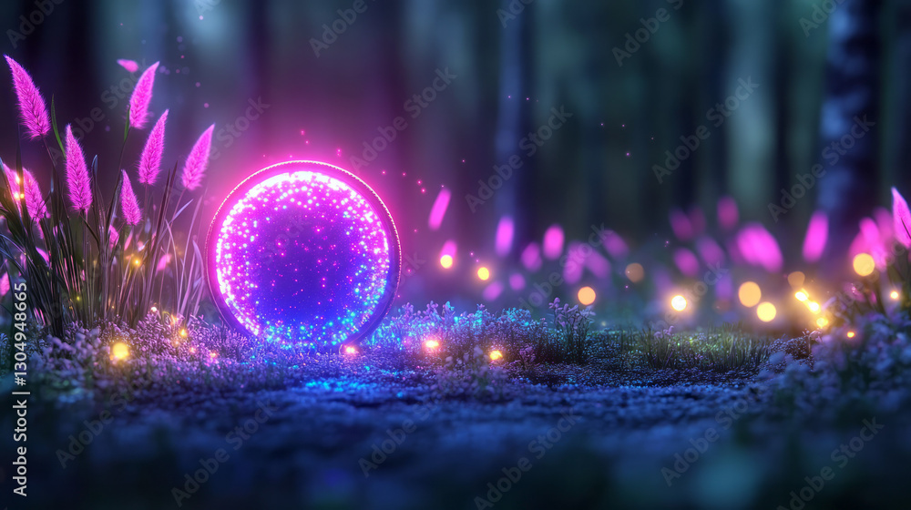 Aufkleber a vibrant composition placing a coin wreathed in luminous patterns at the center of a meadow alive