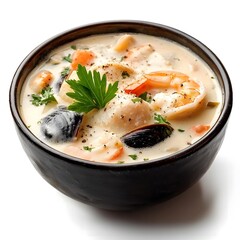 Creamy Seafood Chowder in Broth, Close-up View, Isolated on White Background, Fresh and Appetizing