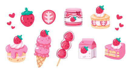 Set of A variety of desserts related to strawberries and the color pink. It is a cartoon illustration that is cute and sweet. Idea for print, cartoon, card, decoration and sticker.