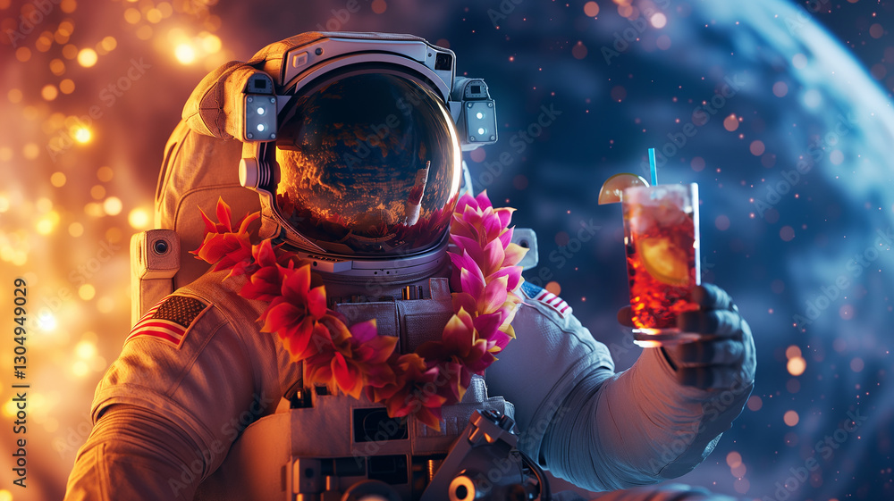 Poster this astronaut holds a colorful drink while floating in space, surrounded by celestial beauty.