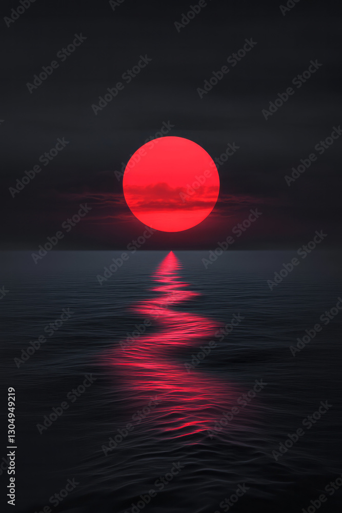 Poster a dreamlike perspective of a plush crimson moon perched on the horizon, creating echo-like patterns
