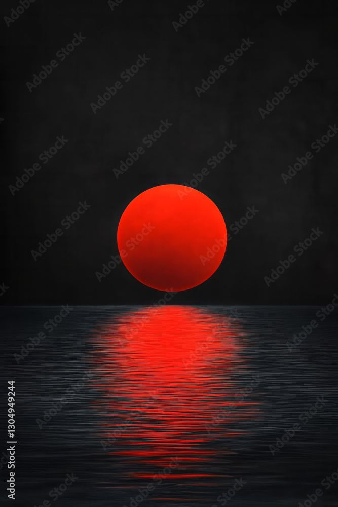 Poster a dreamlike perspective of a plush crimson moon perched on the horizon, creating echo-like patterns