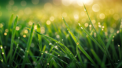 Fototapeta premium Fresh Green Grass Blades Covered with Dewdrops in Morning Light