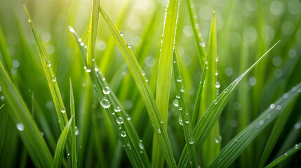 Obraz premium Fresh Green Grass Blades Covered with Dewdrops in Morning Light