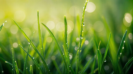 Obraz premium Fresh Green Leaves with Dew Drops in Morning Sunlight