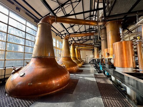 Copper Stills at The Singleton Distillery, Muir of Ord, Inverness, Scotland, UK. March 2025. 