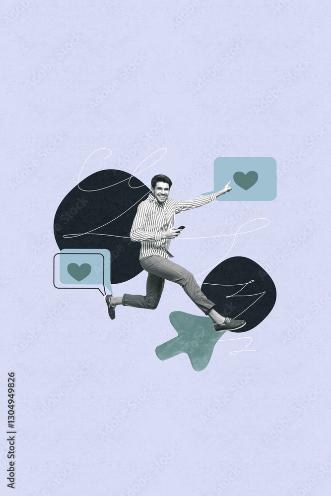Poster trend image vertical photo collage of happy man hold smartphone stand bubble notification like feedb