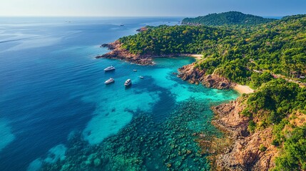 Tropical Island Cove Boats Clear Water Lush Green