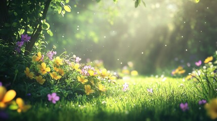Fototapeta premium Sunny, fairy garden blooms in morning light