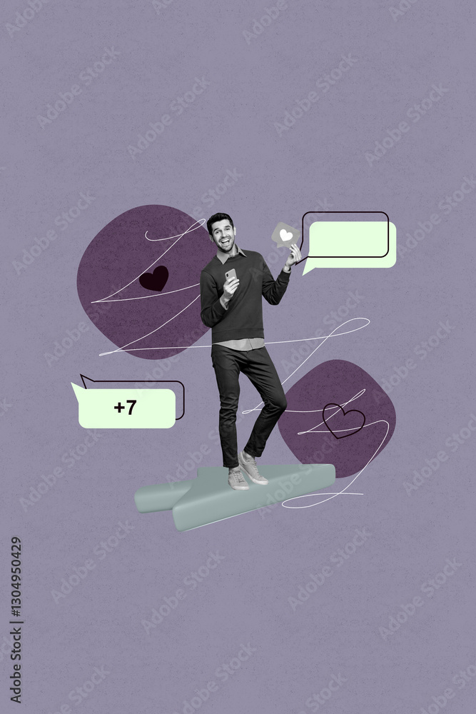 Poster Poster image vertical photo collage of happy guy hold phone cursor arrow click heart notification social media like reaction