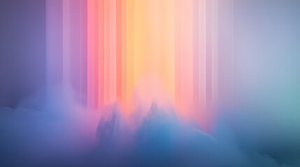 A mystical panorama of gently swirling fog interspersed with radiant rainbow beams, each fragment