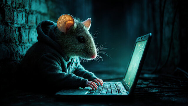 An anthropomorphic rat wearing a hoodie is typing on a laptop in a dark, mysterious alley.