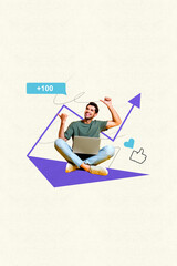 Vertical art trend collage of happy blogger man hold laptop arrow development statistics like reaction social media progress