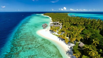 real estate advertisement for a private island resort, showing aerial drone view